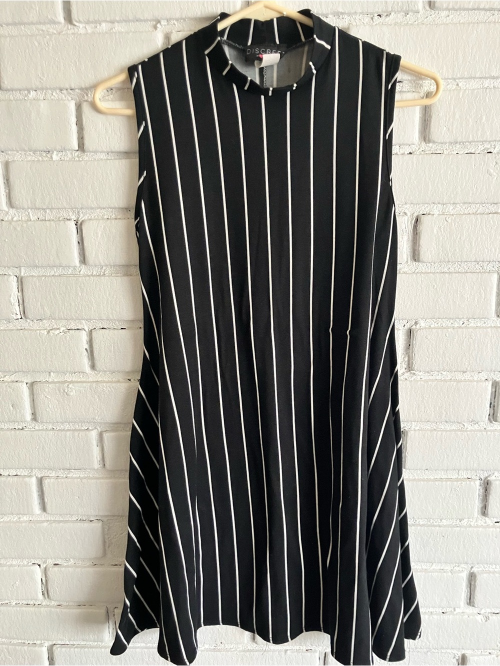 Discreet Black and White Vertical-Stripe Sleeveless Mini Dress